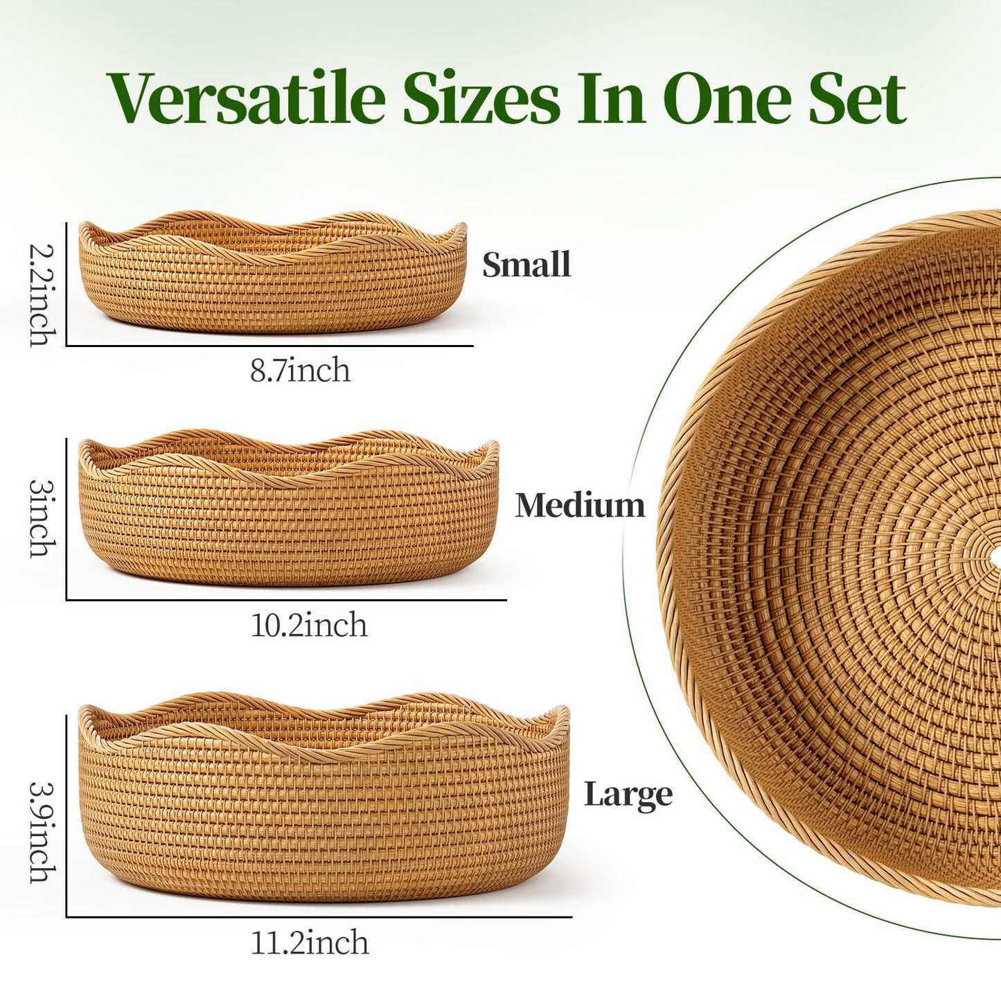 LAVNTM Rattan Bread Basket, 3 Pack Hand Woven Round Fruit Baskets for Serving, Picnic Basket, Wicker Storage for the Living Room Kitchen (Honey Brown)