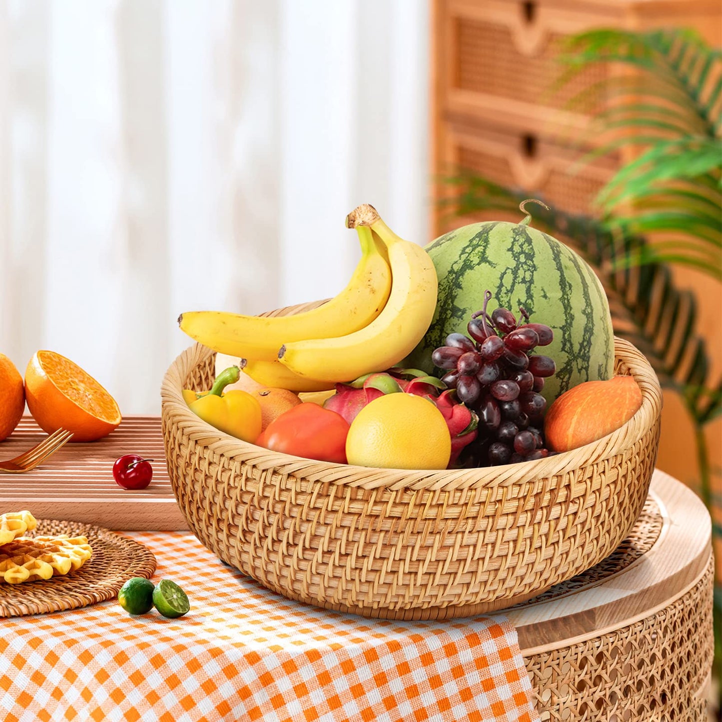 Whalehub Natural Rattan Round Fruit Basket Bowls, Hand Woven Decor Serving Baskets, Wicker Storage for Dinning Room (Round-Combo)