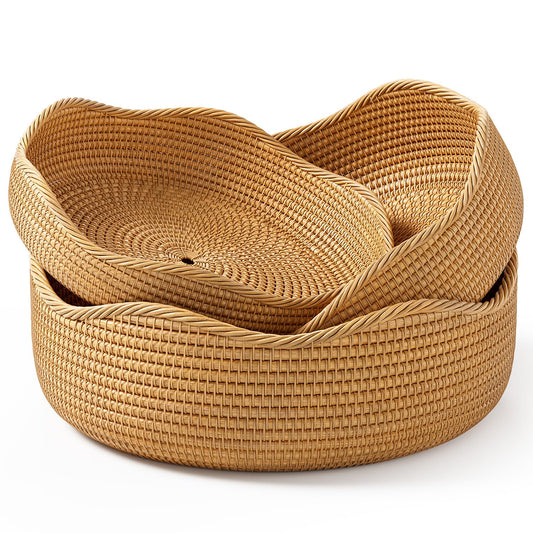 LAVNTM Rattan Bread Basket, 3 Pack Hand Woven Round Fruit Baskets for Serving, Picnic Basket, Wicker Storage for the Living Room Kitchen (Honey Brown)