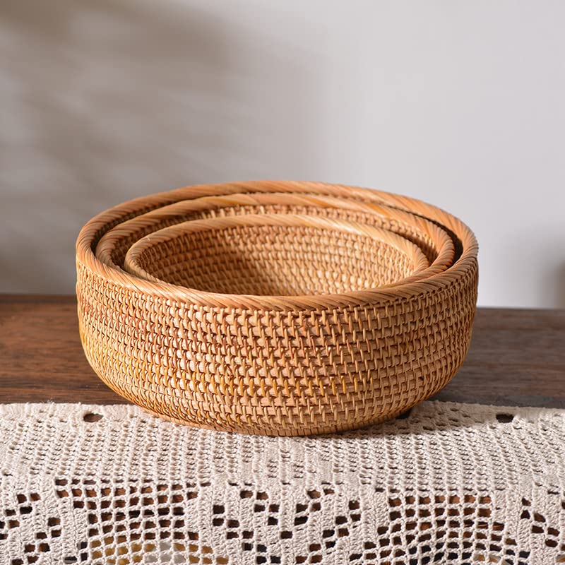Rattan Bread Basket, Hand Woven Fruit Basket, Wicker Serving Basket Bowl, Decorative Baskets for Kitchen Counter Organizing, Set of 3 (Round)
