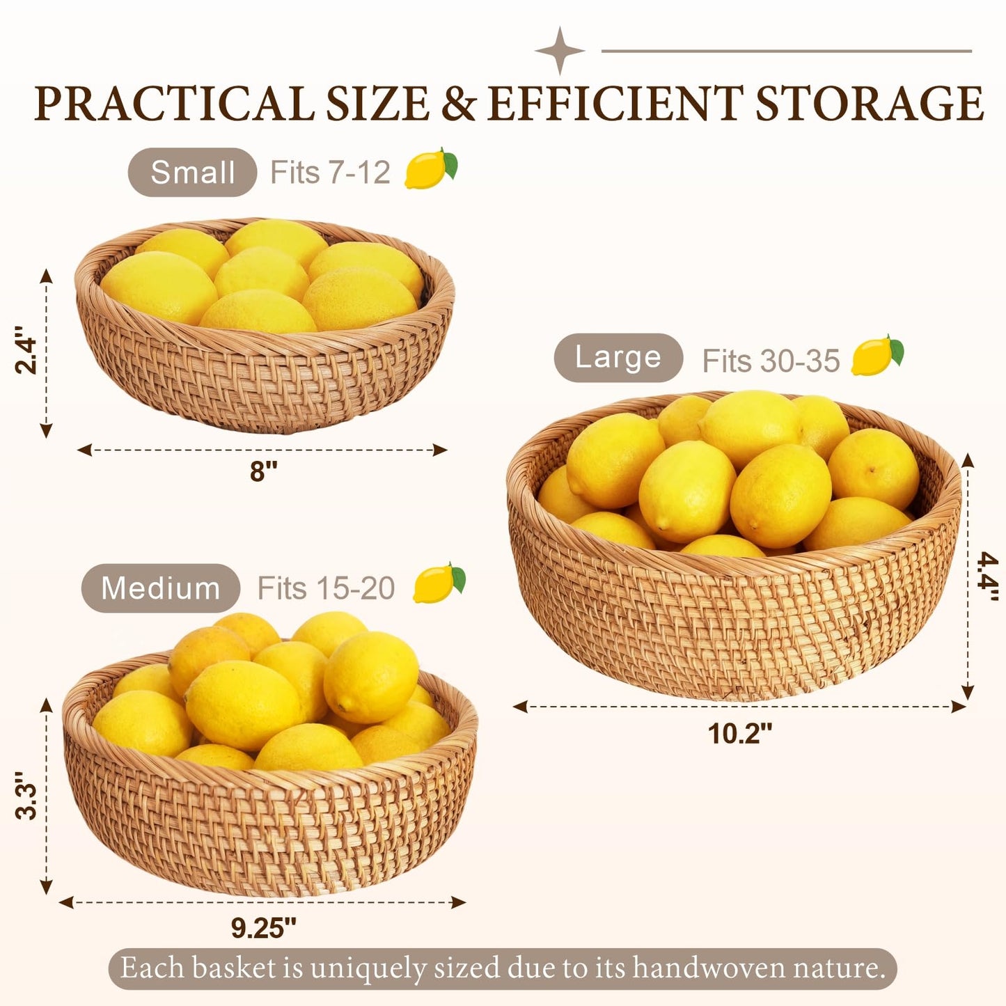 Rattan Bread Basket for Serving, Hand Woven Fruit Basket, Natural Wicker Basket for Bread, Snack, Fruit, Vegetable, Kitchen and Dinning Counter Organizing (Round-Medium)