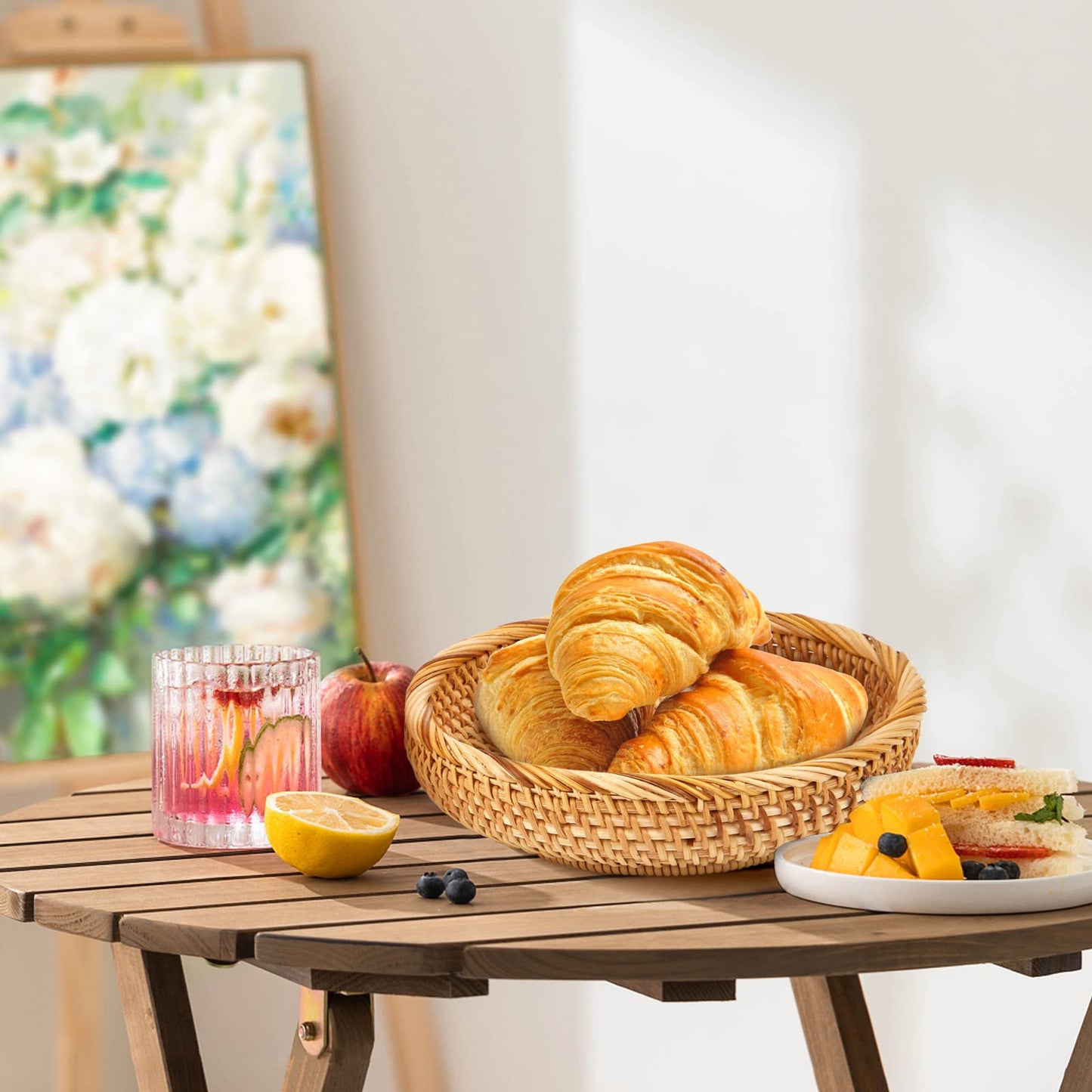 Whalehub Natural Rattan Round Fruit Basket Bowls, Hand Woven Decor Serving Baskets, Wicker Storage for Dinning Room (Round-Combo)
