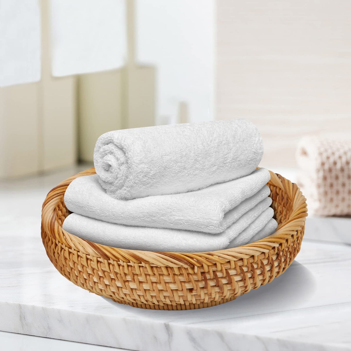 Whalehub Natural Rattan Round Fruit Basket Bowls, Hand Woven Decor Serving Baskets, Wicker Storage for Dinning Room (Round-Combo)