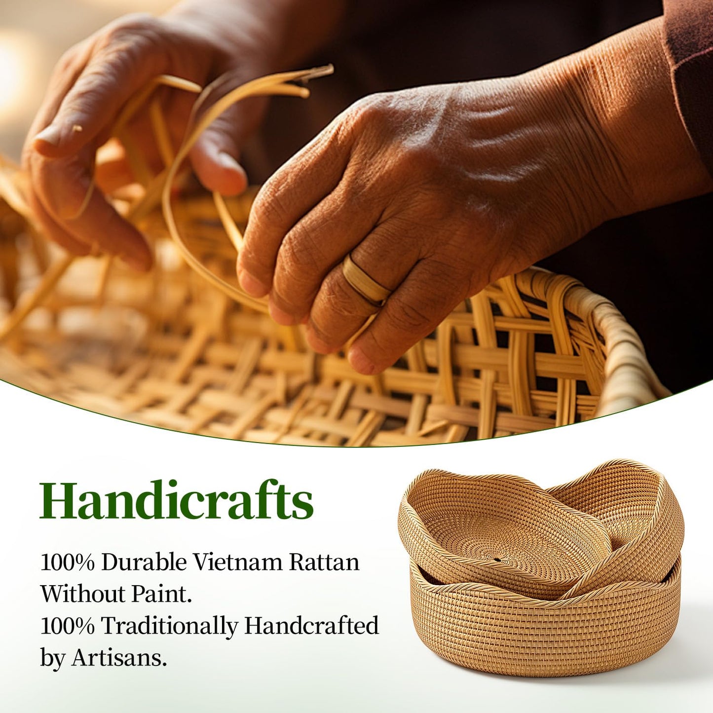 LAVNTM Rattan Bread Basket, 3 Pack Hand Woven Round Fruit Baskets for Serving, Picnic Basket, Wicker Storage for the Living Room Kitchen (Honey Brown)