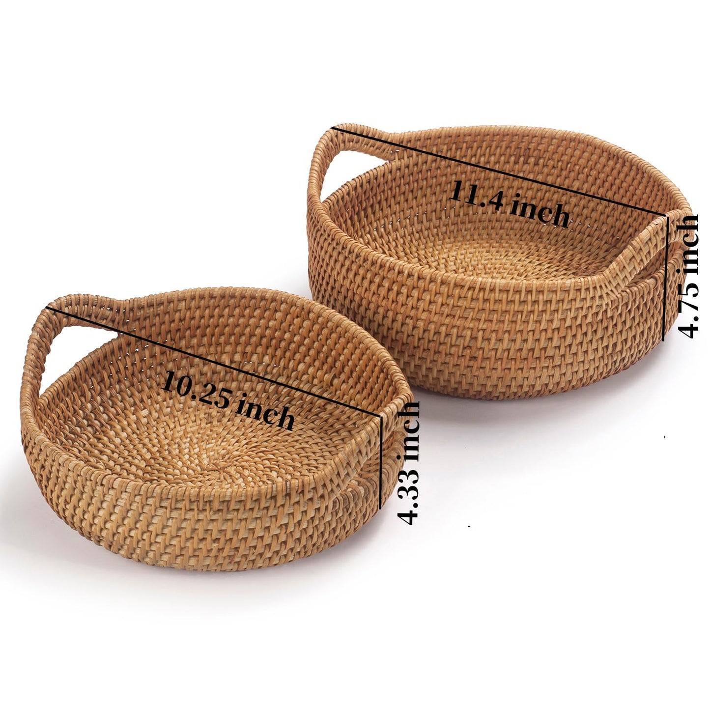 Rattan Storage Basket, Hand Woven Fruit Basket with Handles, Wicker Serving Basket, Bread Basket, Decorative Baskets for Organizing, Set of 2