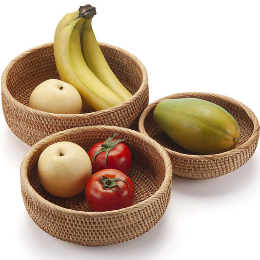Rattan Bread Basket, Hand Woven Fruit Basket, Wicker Serving Basket Bowl, Decorative Baskets for Kitchen Counter Organizing, Set of 3 (Round)