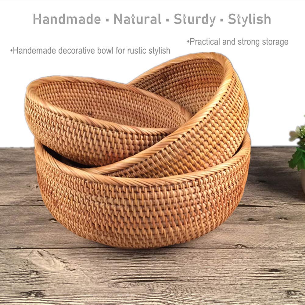 amololo Hadewoven Round Rattan Fruit Basket Wicker Food Tray Weaving Storage Holder Dinning Room Bowl, 8 Inch Small Bread Baskets Tray for Serving with Deep Wall, Brown (Small 7.48”)