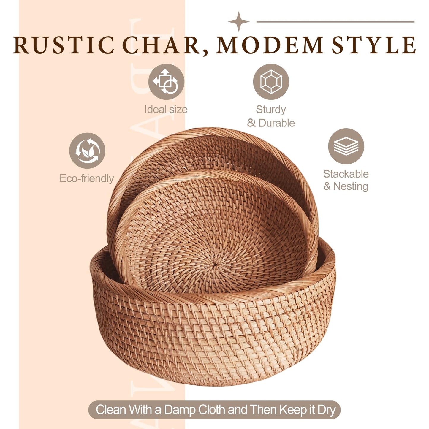 Rattan Bread Basket for Serving, Hand Woven Fruit Basket, Natural Wicker Basket for Bread, Snack, Fruit, Vegetable, Kitchen and Dinning Counter Organizing (Round-Medium)