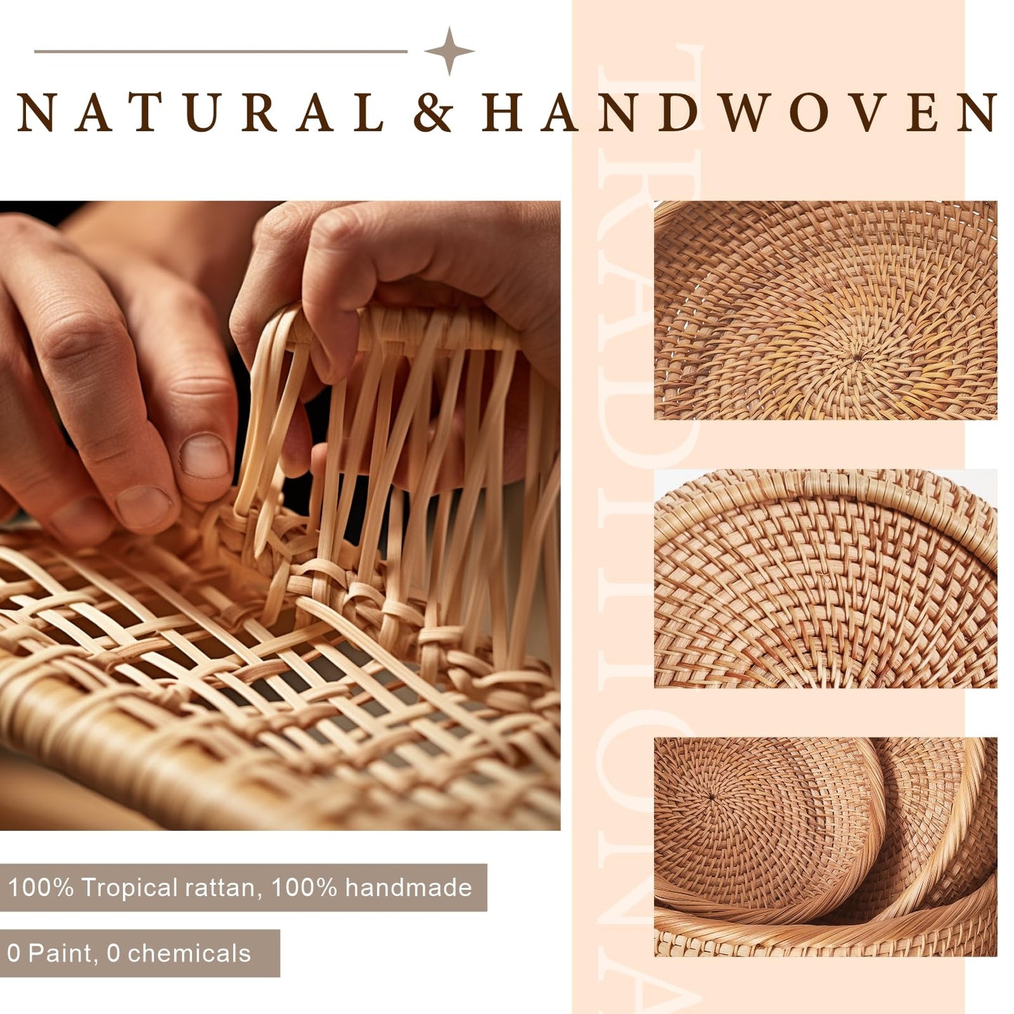 Rattan Bread Basket for Serving, Hand Woven Fruit Basket, Natural Wicker Basket for Bread, Snack, Fruit, Vegetable, Kitchen and Dinning Counter Organizing (Round-Medium)