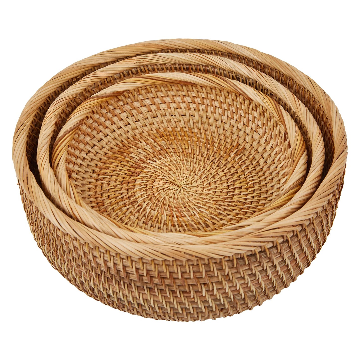 Whalehub Natural Rattan Round Fruit Basket Bowls, Hand Woven Decor Serving Baskets, Wicker Storage for Dinning Room (Round-Combo)