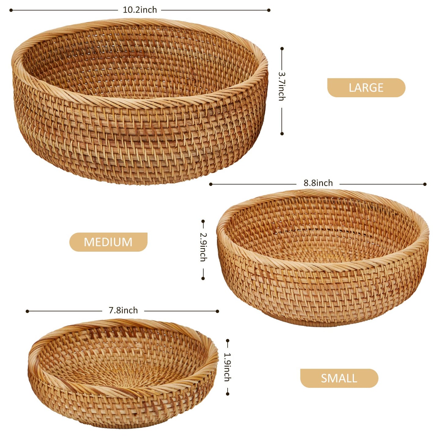 Whalehub Natural Rattan Round Fruit Basket Bowls, Hand Woven Decor Serving Baskets, Wicker Storage for Dinning Room (Round-Combo)