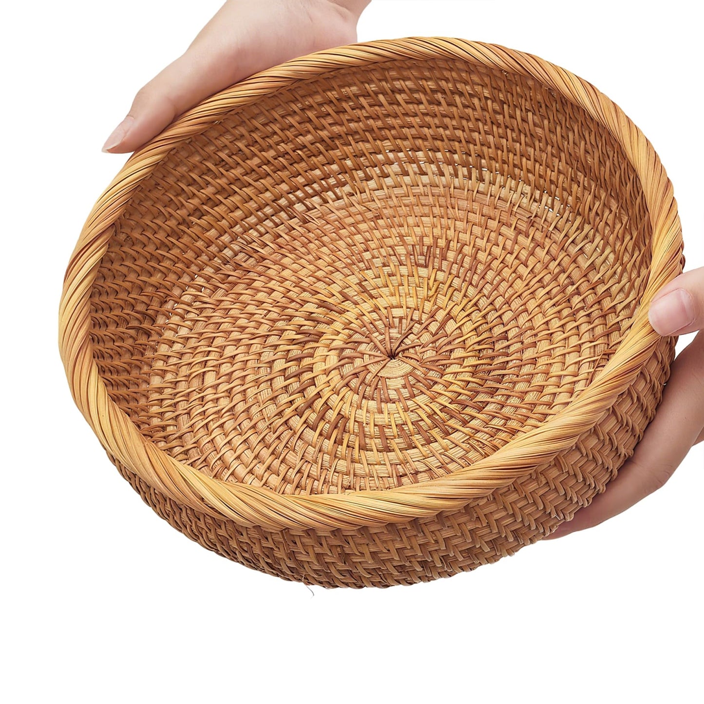Rattan Bread Basket for Serving, Hand Woven Fruit Basket, Natural Wicker Basket for Bread, Snack, Fruit, Vegetable, Kitchen and Dinning Counter Organizing (Round-Medium)
