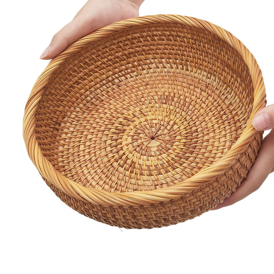 Rattan Bread Basket for Serving, Hand Woven Fruit Basket, Natural Wicker Basket for Bread, Snack, Fruit, Vegetable, Kitchen and Dinning Counter Organizing (Round-Medium)