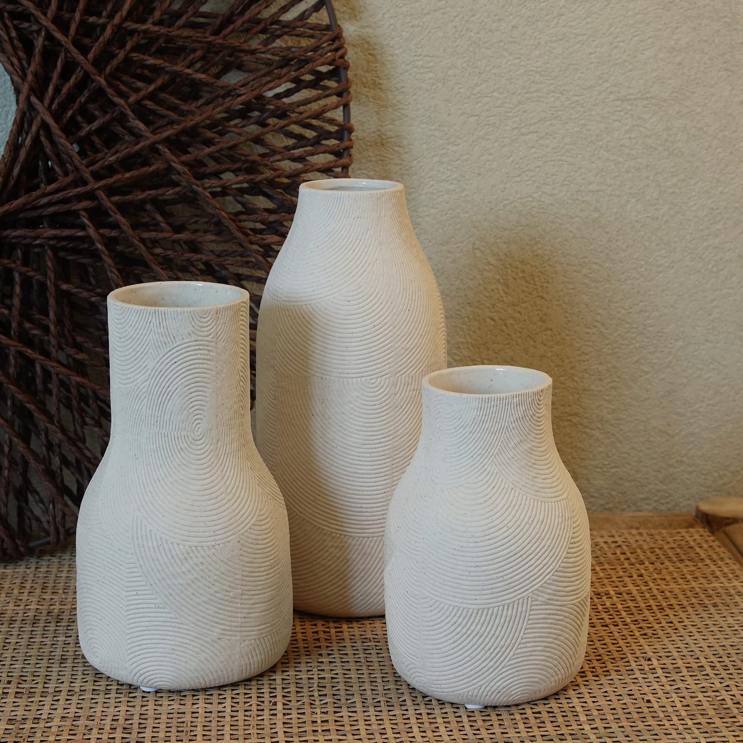 Banllis Ceramic Vases for Home Decor - Matte White Textured Vase Set of 3, Decorative Vases for Flowers, Pampas Grass Arrangement, Table Centerpieces, Office and Living Room Boho Decor
