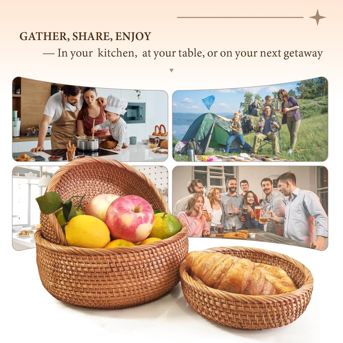 Rattan Bread Basket for Serving, Hand Woven Fruit Basket, Natural Wicker Basket for Bread, Snack, Fruit, Vegetable, Kitchen and Dinning Counter Organizing (Round-Medium)
