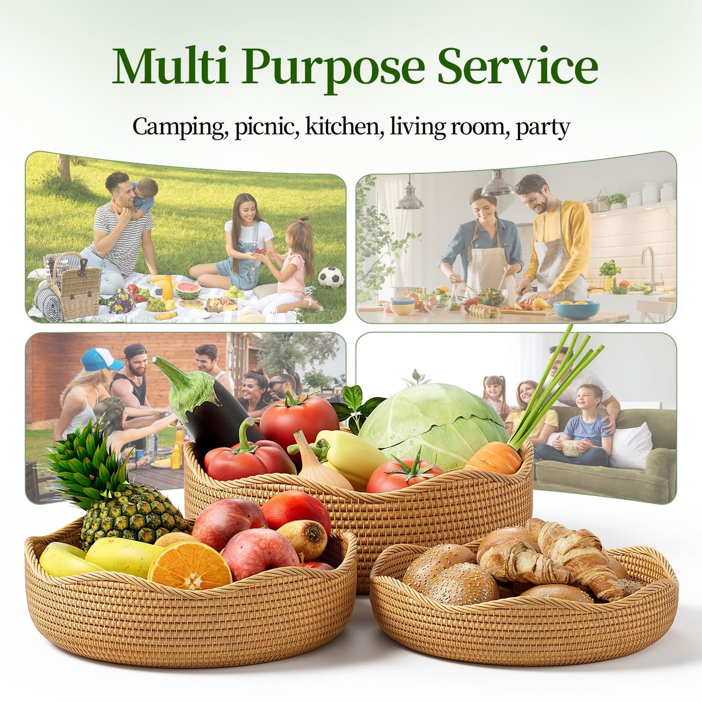 LAVNTM Rattan Bread Basket, 3 Pack Hand Woven Round Fruit Baskets for Serving, Picnic Basket, Wicker Storage for the Living Room Kitchen (Honey Brown)