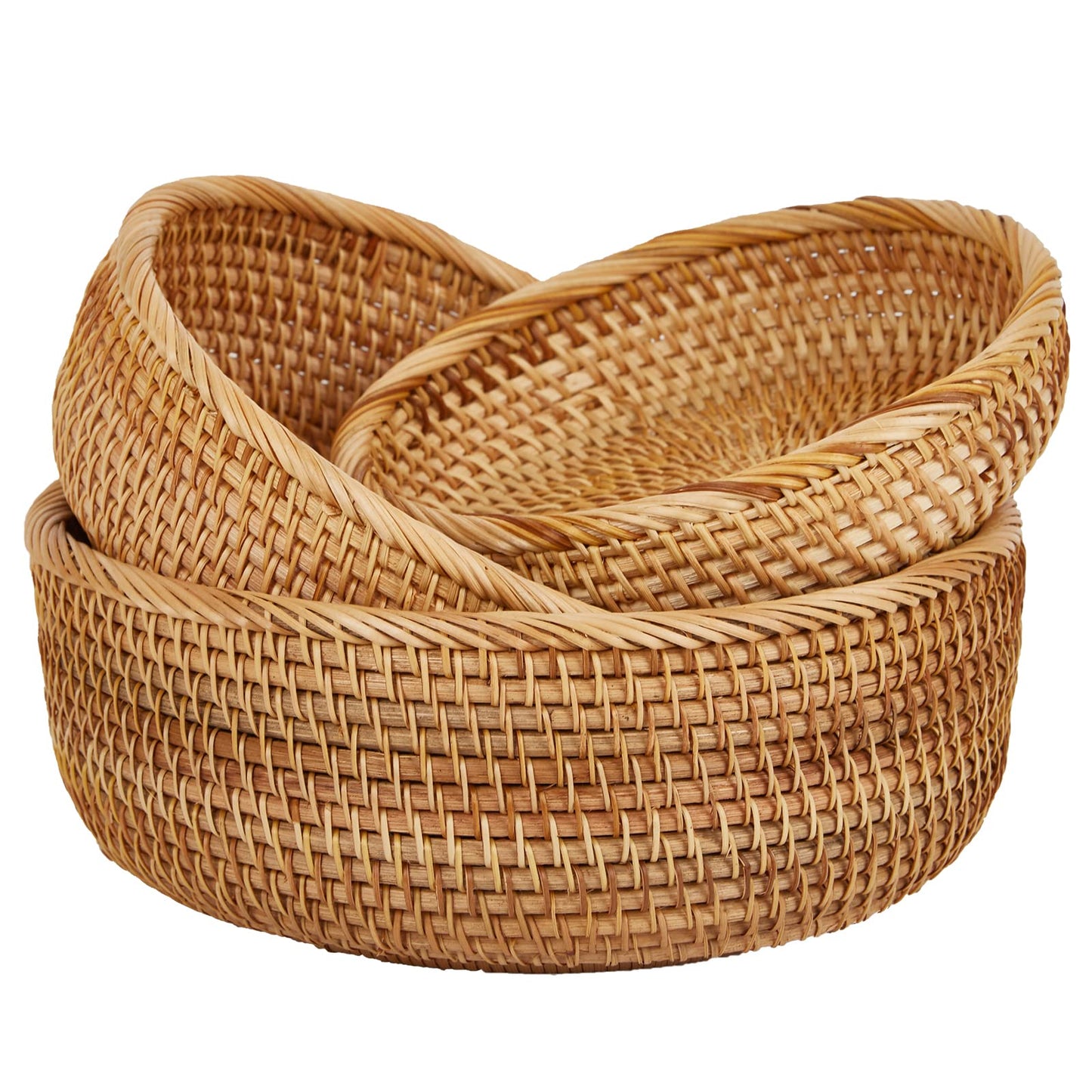 Whalehub Natural Rattan Round Fruit Basket Bowls, Hand Woven Decor Serving Baskets, Wicker Storage for Dinning Room (Round-Combo)