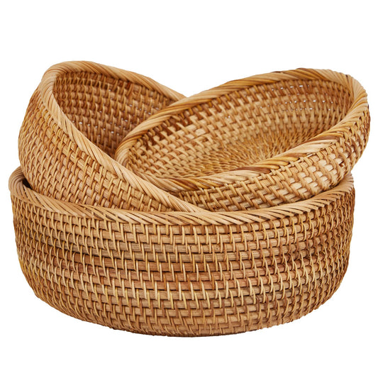 Whalehub Natural Rattan Round Fruit Basket Bowls, Hand Woven Decor Serving Baskets, Wicker Storage for Dinning Room (Round-Combo)