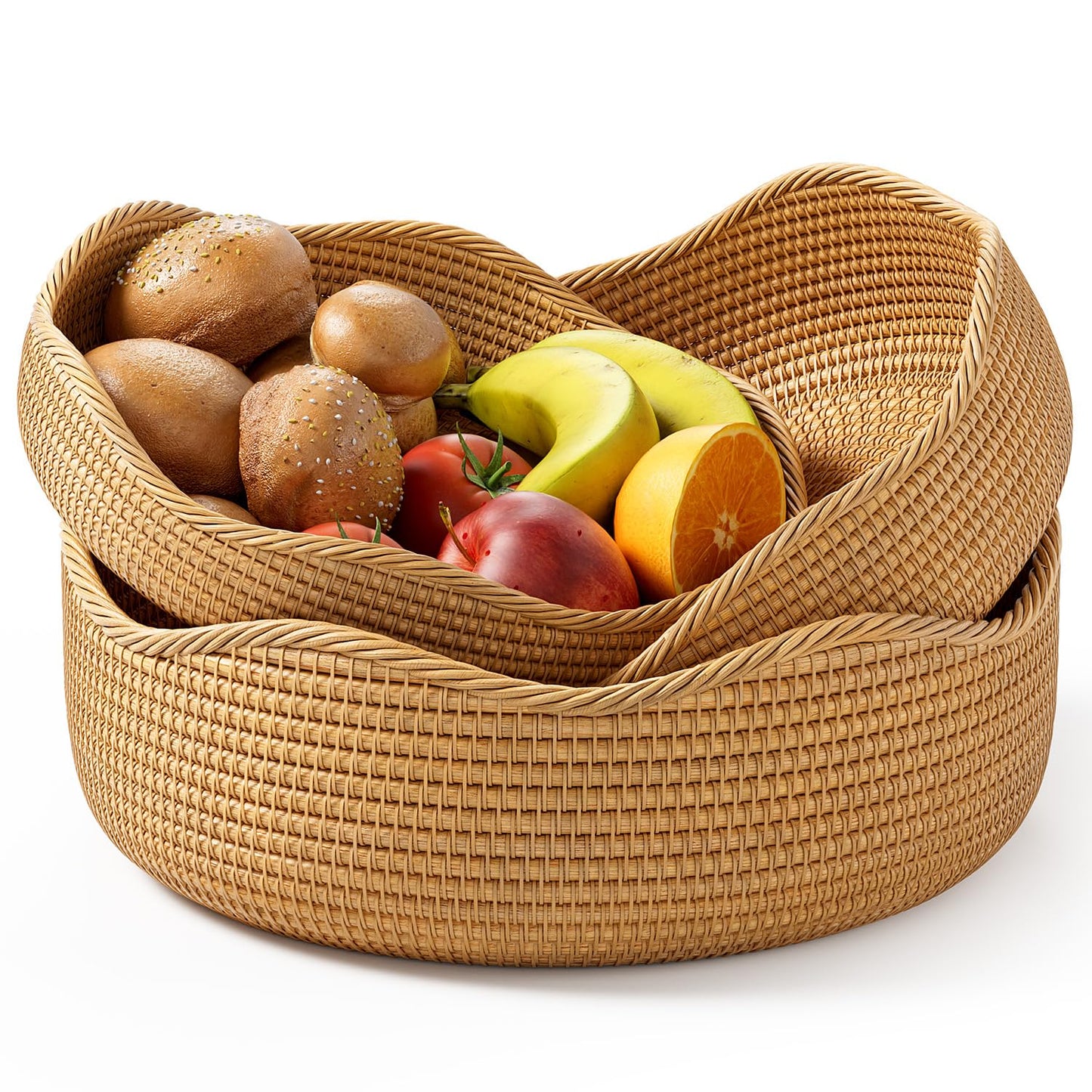 LAVNTM Rattan Bread Basket, 3 Pack Hand Woven Round Fruit Baskets for Serving, Picnic Basket, Wicker Storage for the Living Room Kitchen (Honey Brown)