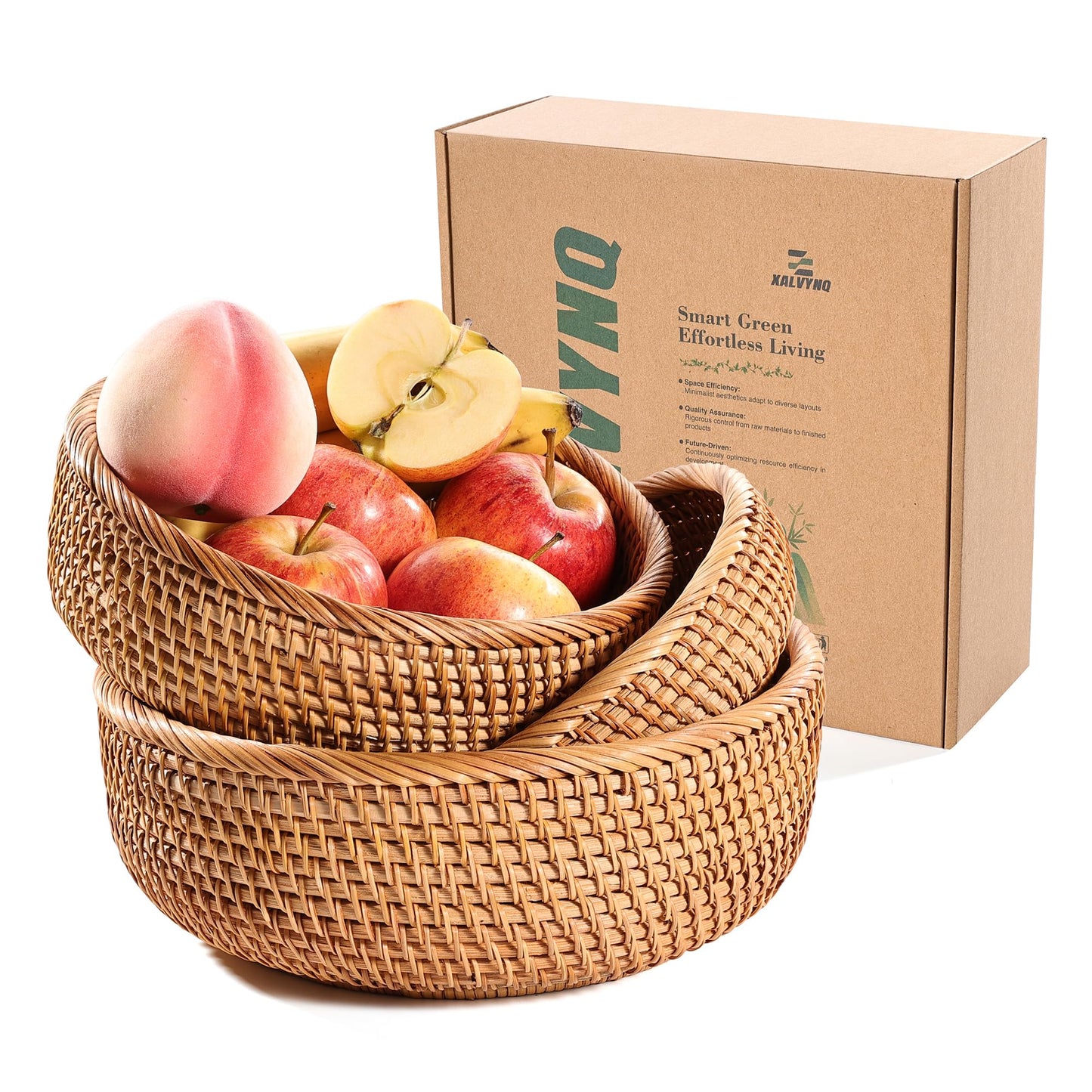 XALVYNQ Honey Brown Natural Rattan Bread Basket Set of 3 - Handwoven Round Wicker Serving Bowls for Fruit, Snacks, Kitchen Counter Organizing | Stackable Farmhouse Decor