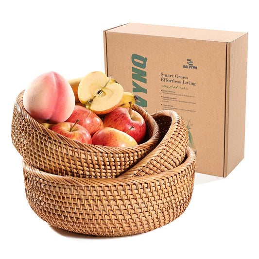 XALVYNQ Honey Brown Natural Rattan Bread Basket Set of 3 - Handwoven Round Wicker Serving Bowls for Fruit, Snacks, Kitchen Counter Organizing | Stackable Farmhouse Decor